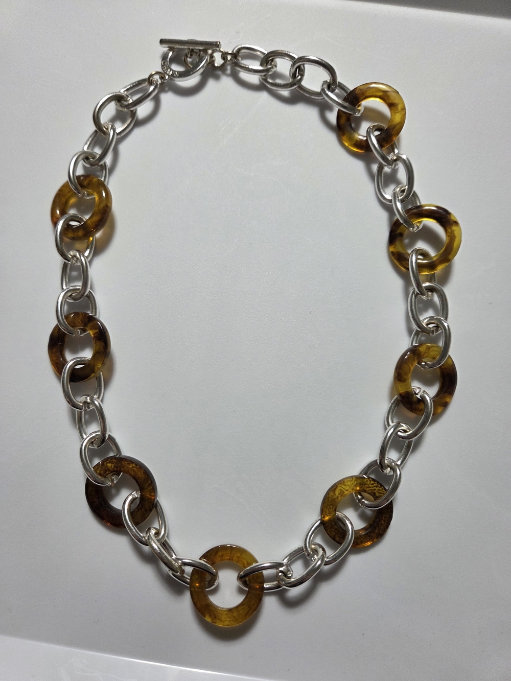 Chaps Ralph Lauren Tortoiseshell Link Necklace Silver Tone Toggle Statement